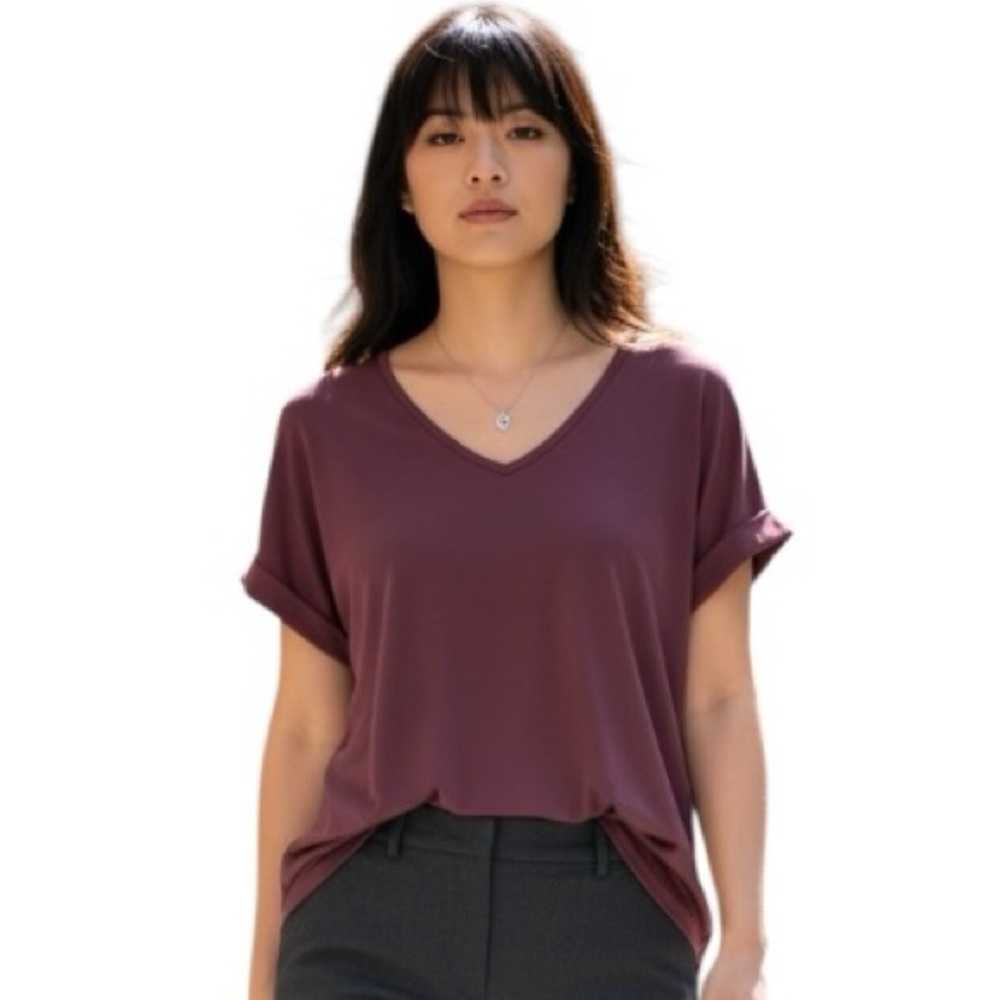 Brigitte Brianna Medium V-neck Cuff Short Sleeve Blouse Minimalist Office